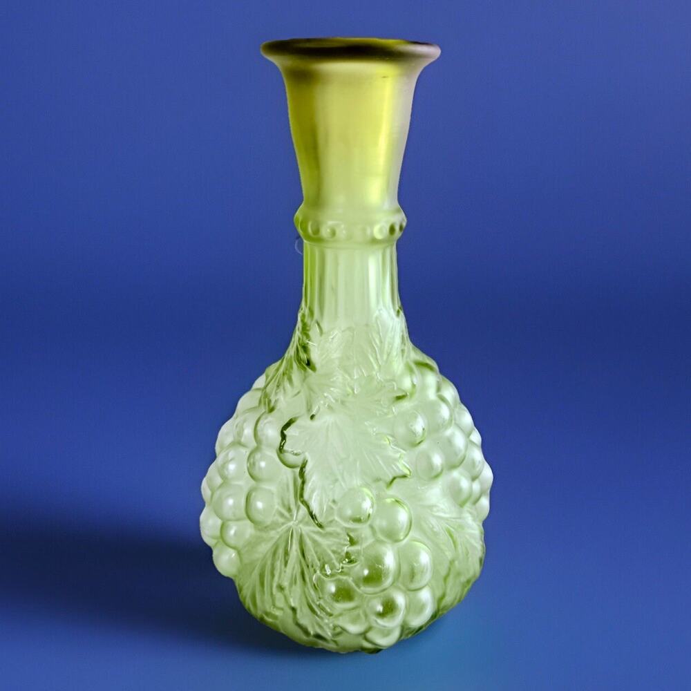 Vintage Italian Green Glass Decanter Empoli Frosted Genie Bottle Grape Vine